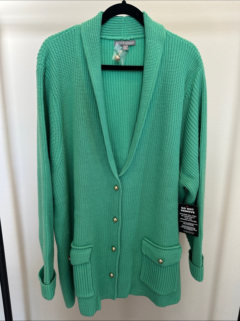 Jessica London Mint Green Shawl-Collar Cardigan with Gold Buttons